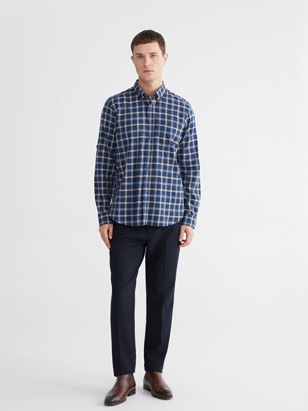 Lacivert Regular Fit Ekose Erkek Gömlek-1
