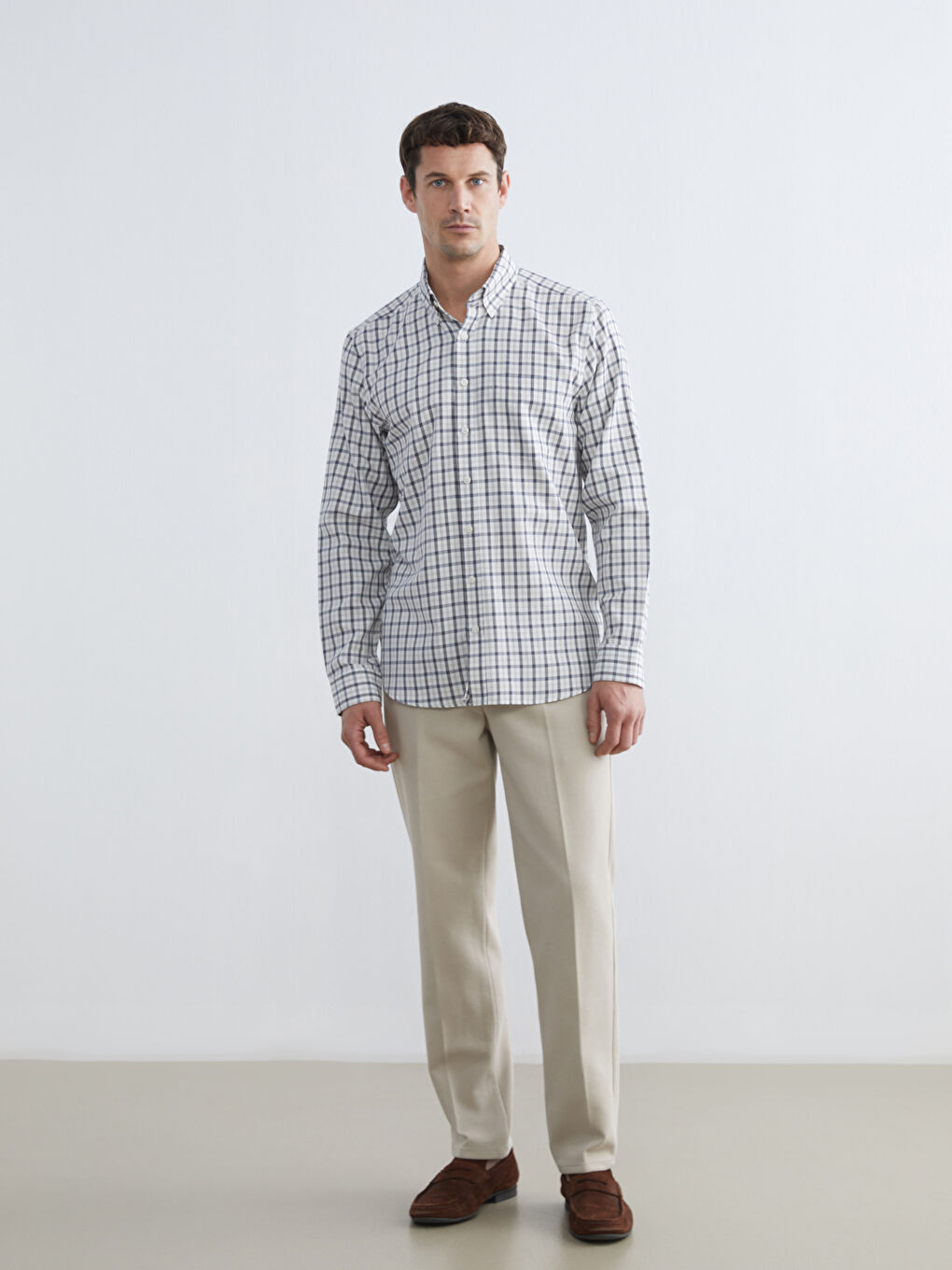 Bej Regular Fit Ekose Gabardin Erkek Gömlek-1