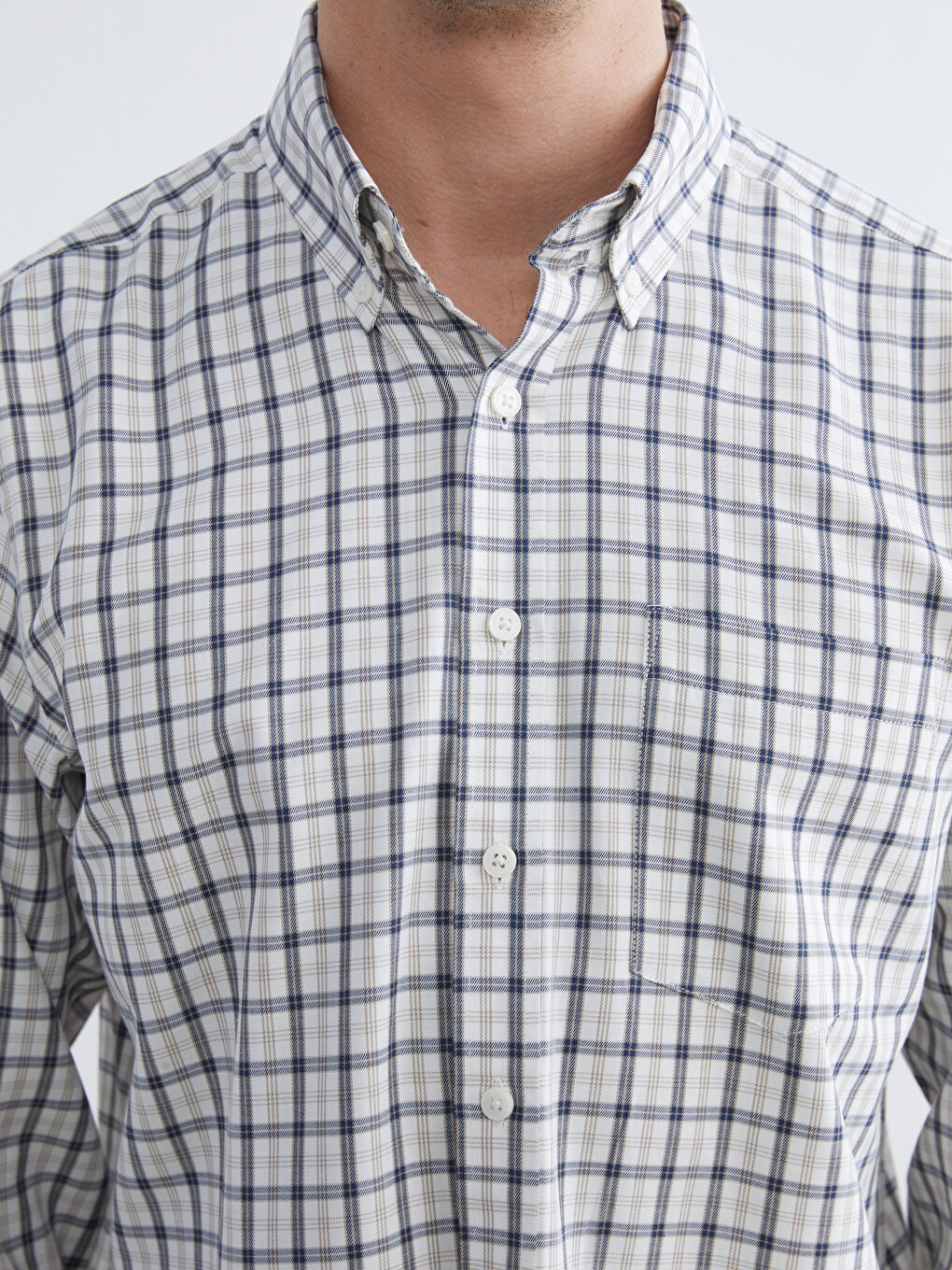 Bej Regular Fit Ekose Gabardin Erkek Gömlek-2