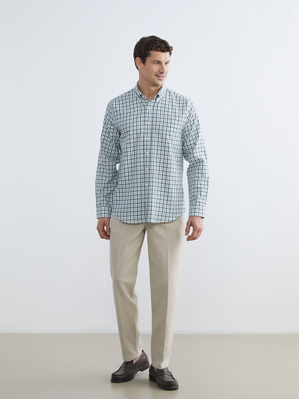 Yeşil Regular Fit Ekose Gabardin Erkek Gömlek-1