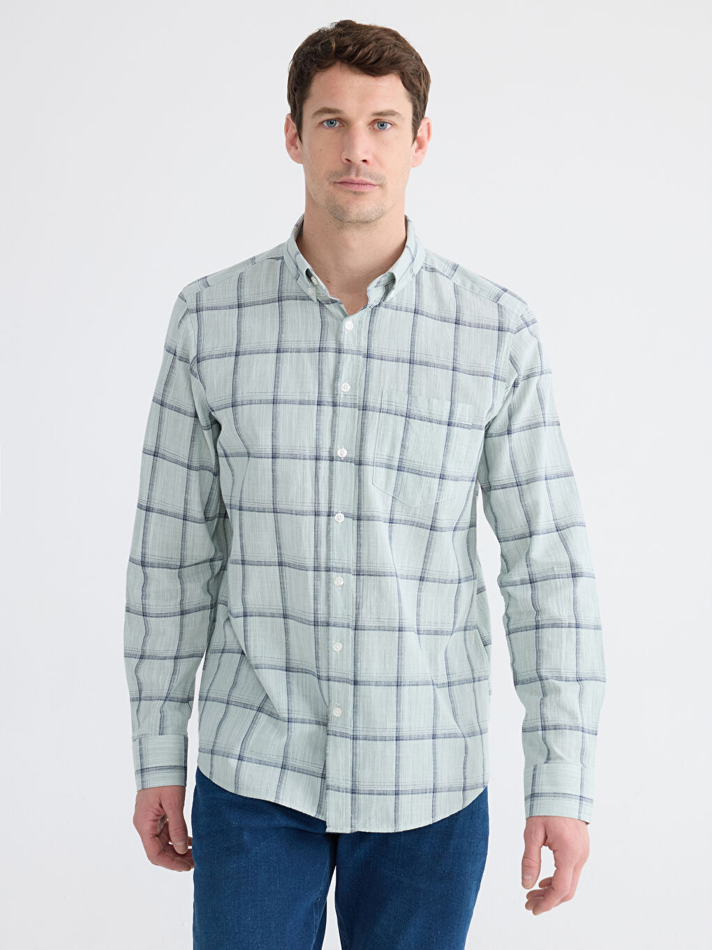 Yeşil Regular Fit Ekose Poplin Erkek Gömlek