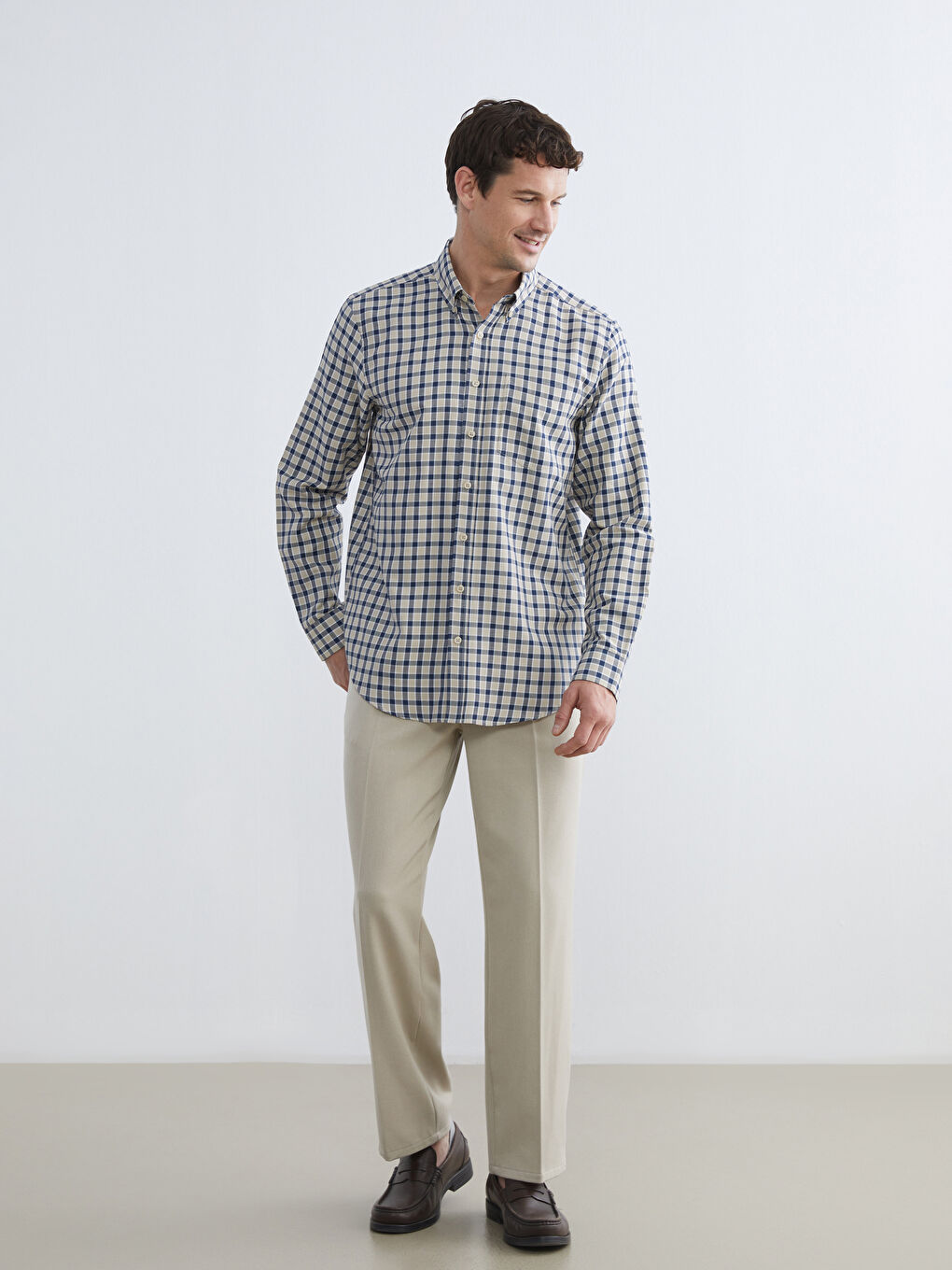 Bej Regular Fit Ekose Gabardin Erkek Gömlek-1