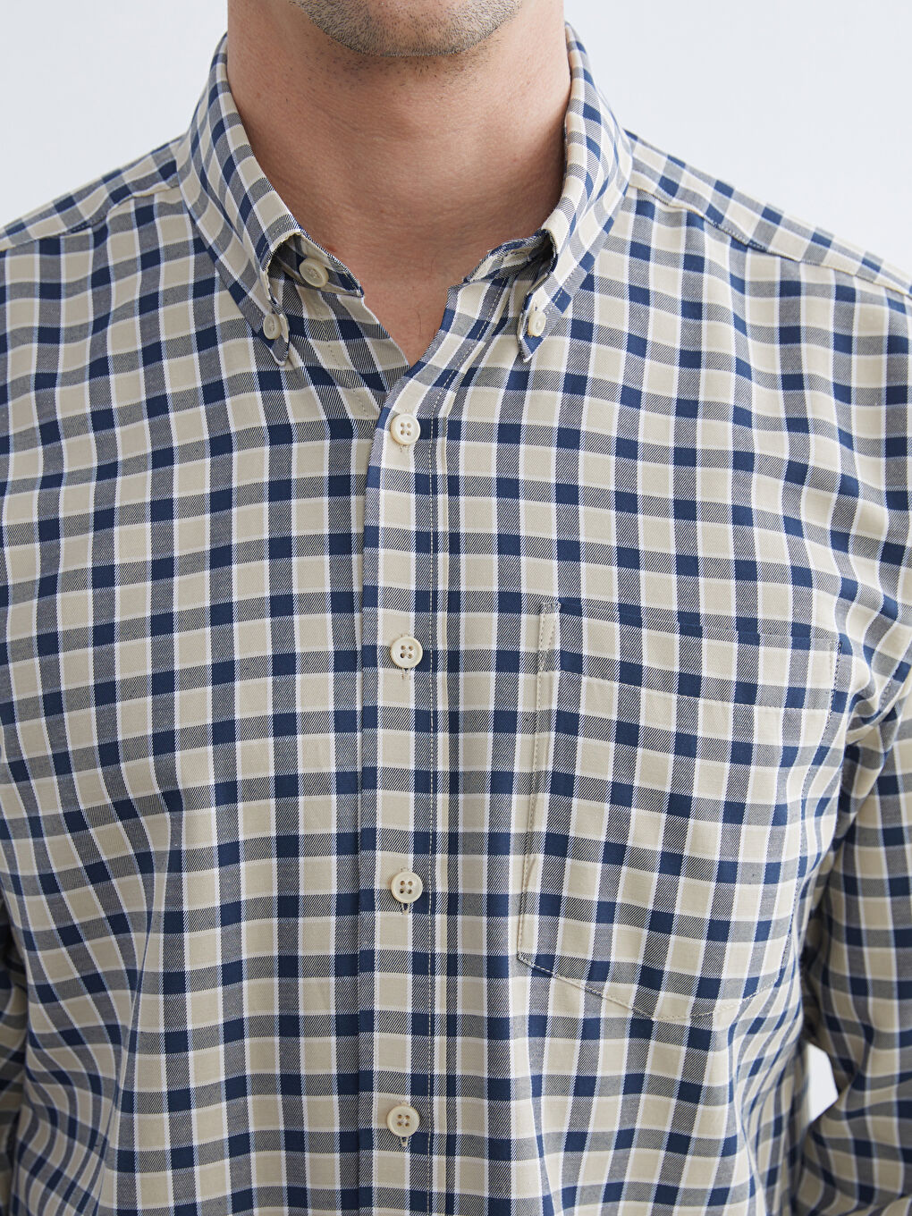 Bej Regular Fit Ekose Gabardin Erkek Gömlek-2