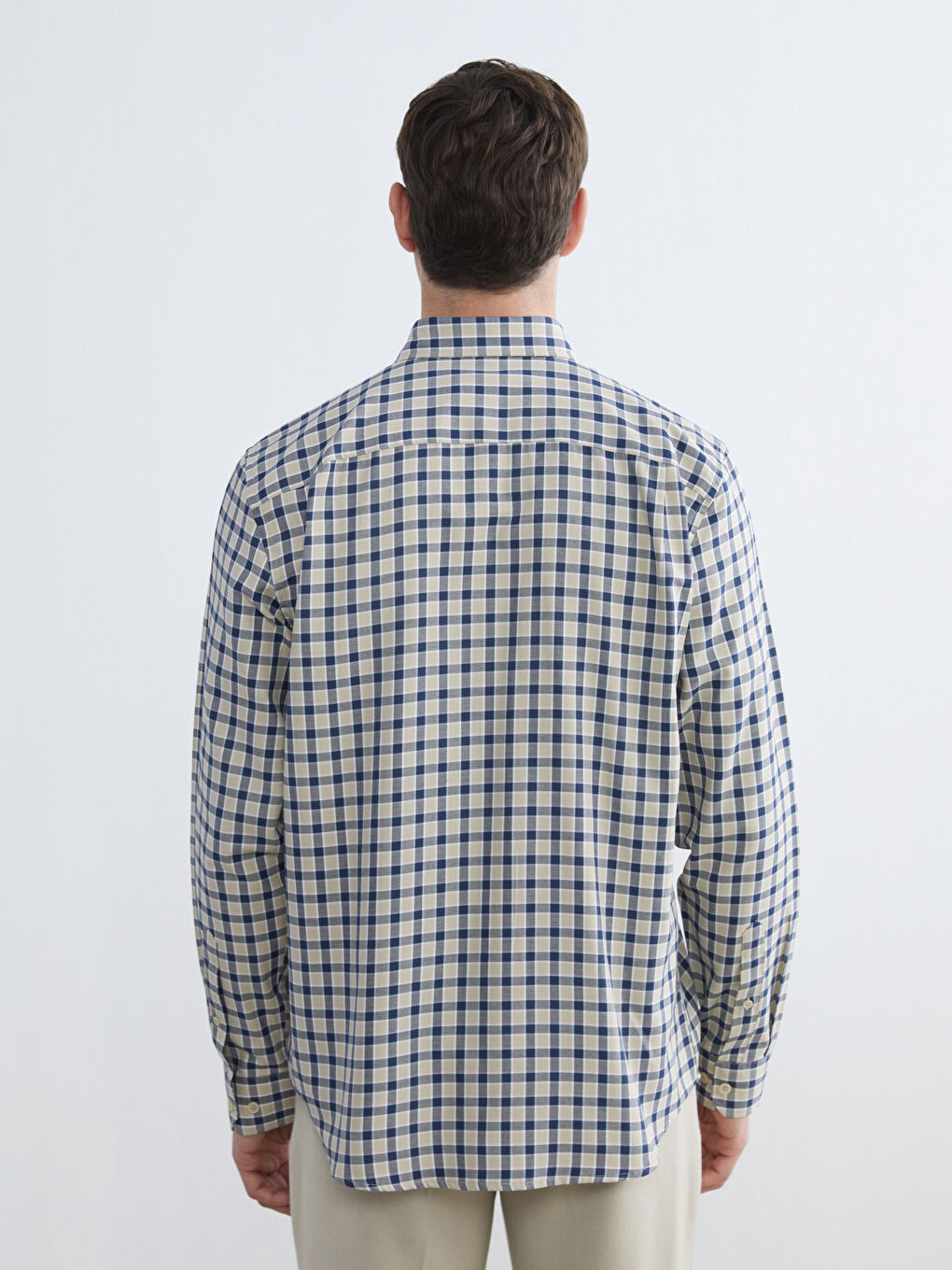 Bej Regular Fit Ekose Gabardin Erkek Gömlek-3