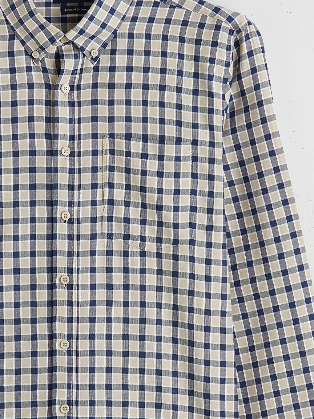 Bej Regular Fit Ekose Gabardin Erkek Gömlek-5