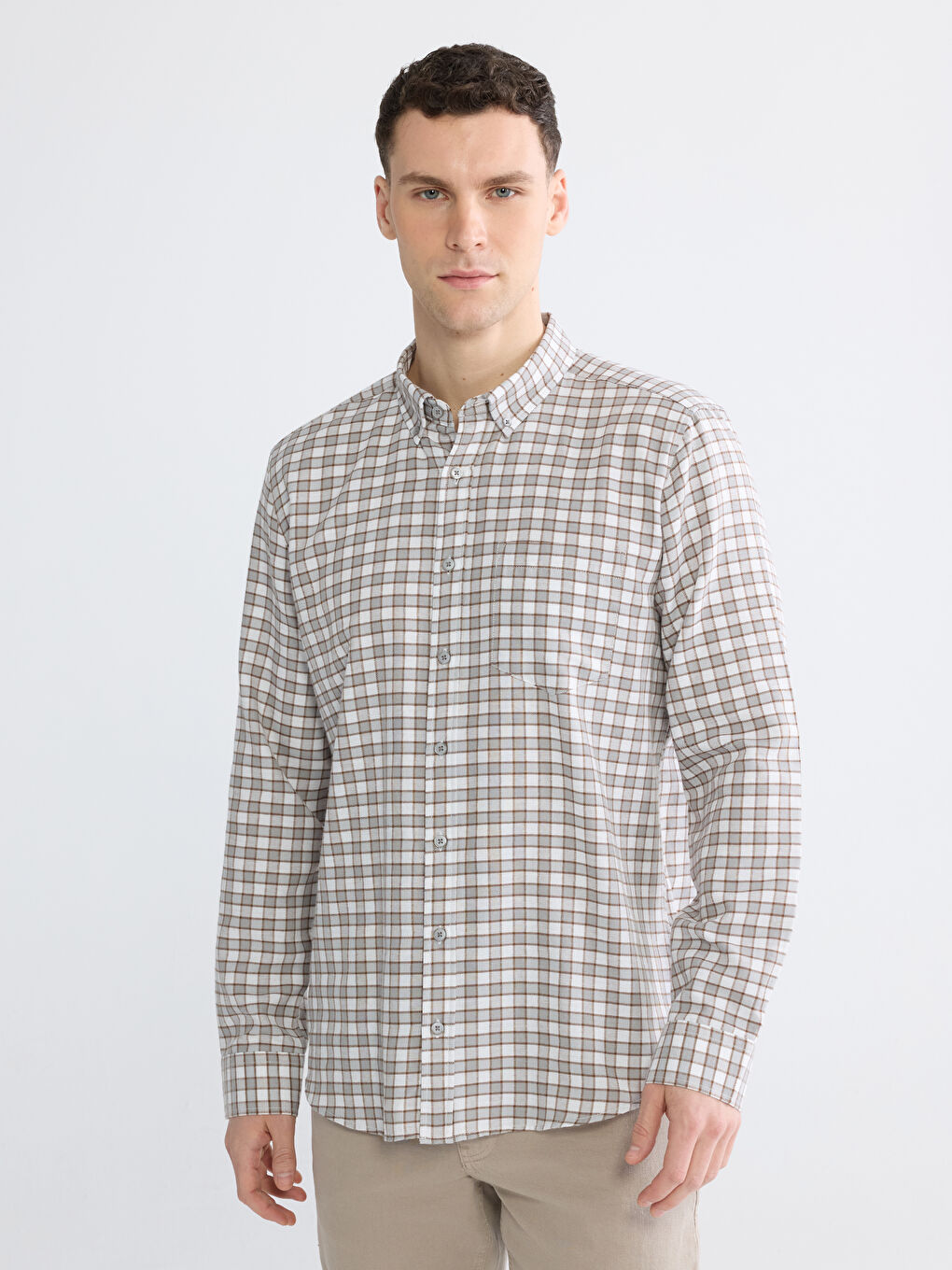 Gri Regular Fit Ekose Gabardin Erkek Gömlek