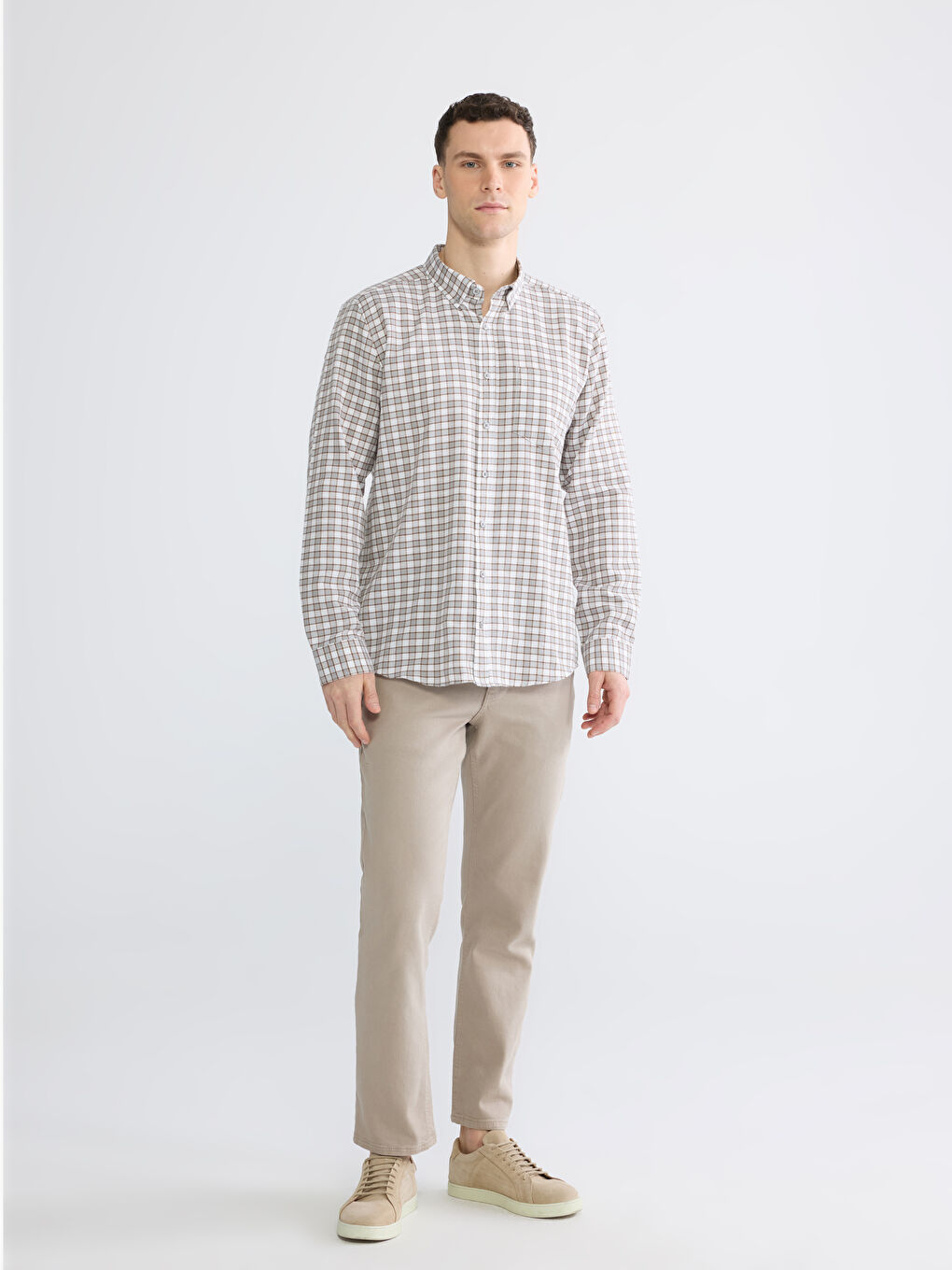 Gri Regular Fit Ekose Gabardin Erkek Gömlek-1