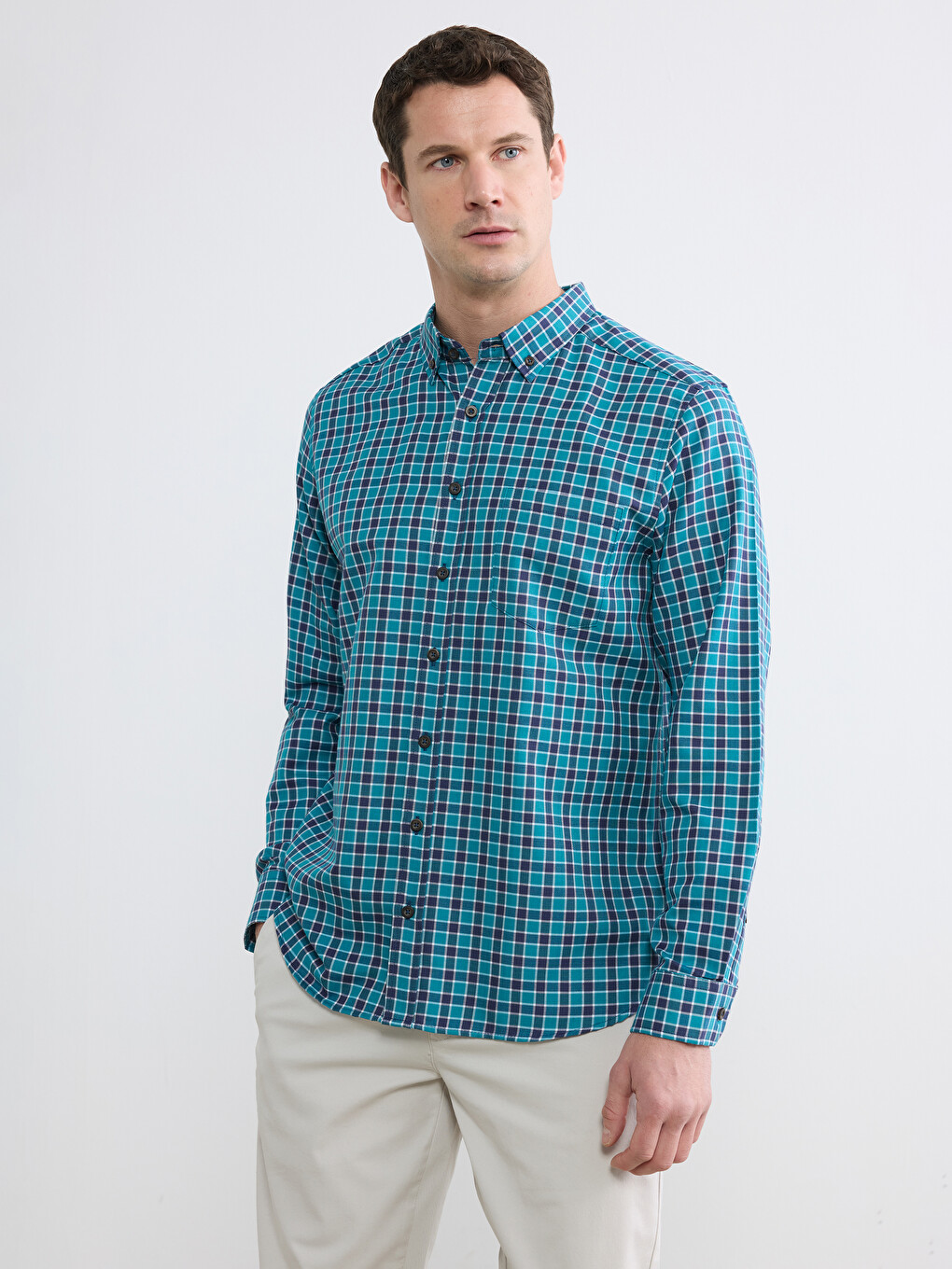 Yeşil Regular Fit Ekose Gabardin Erkek Gömlek