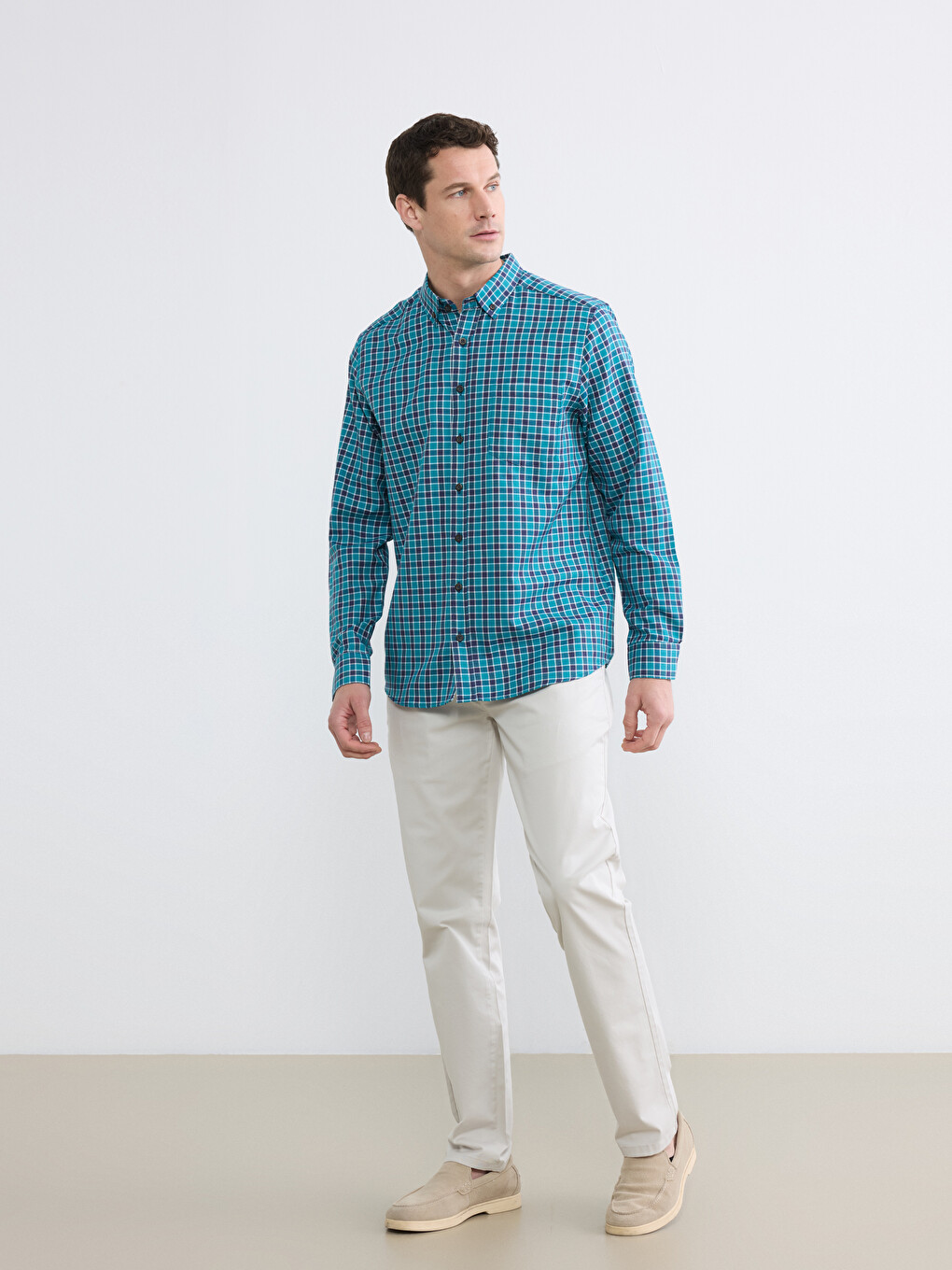 Yeşil Regular Fit Ekose Gabardin Erkek Gömlek-1