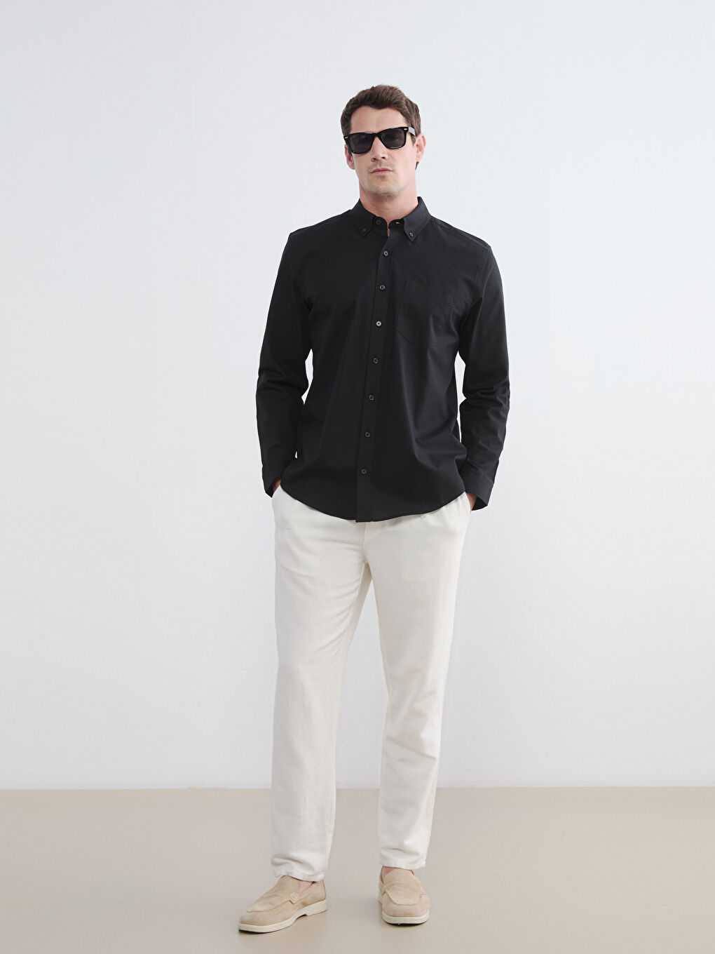 Siyah Regular Fit Oxford Erkek Gömlek-1