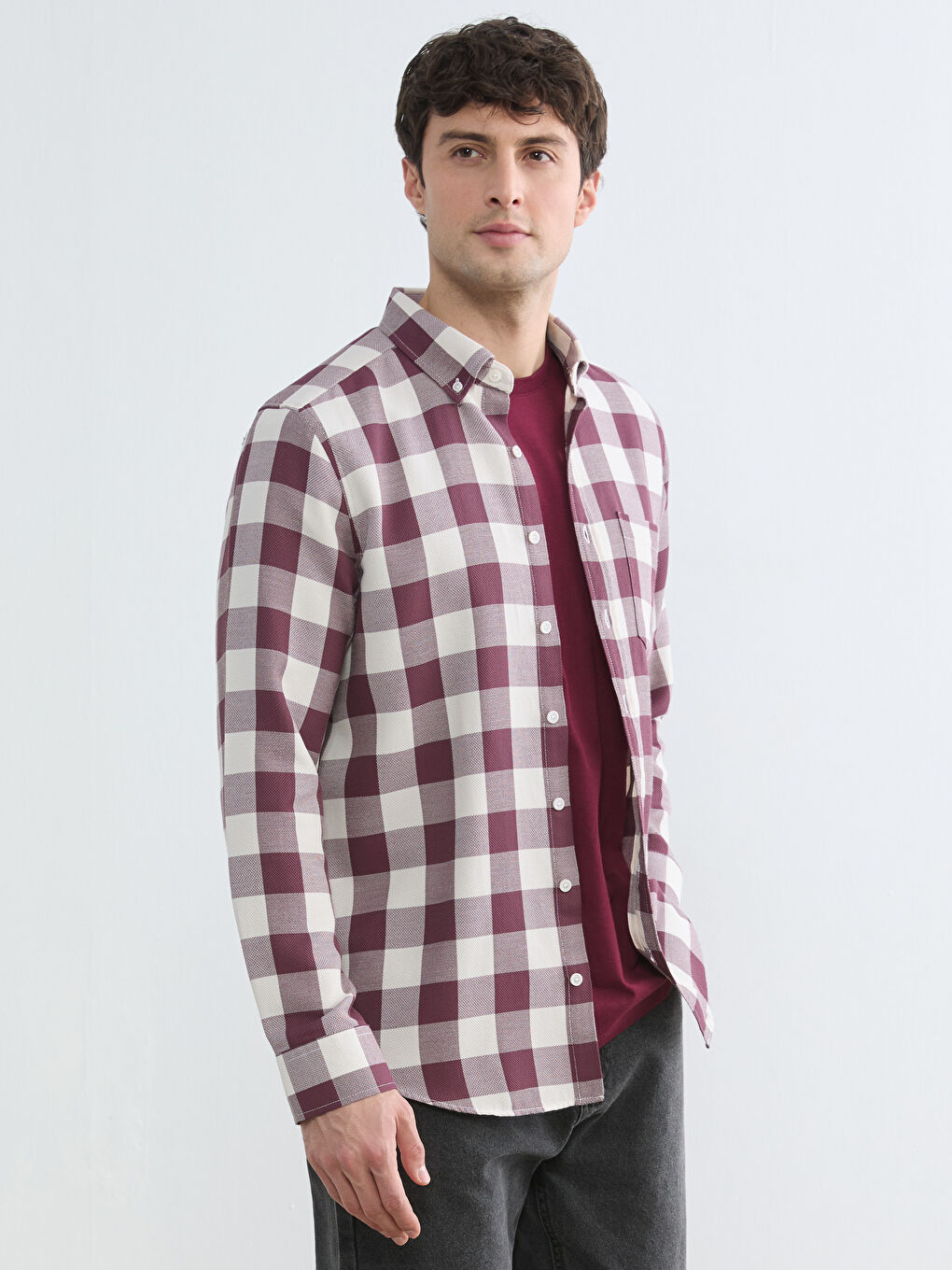 Bordo Regular Fit Ekose Erkek Gömlek