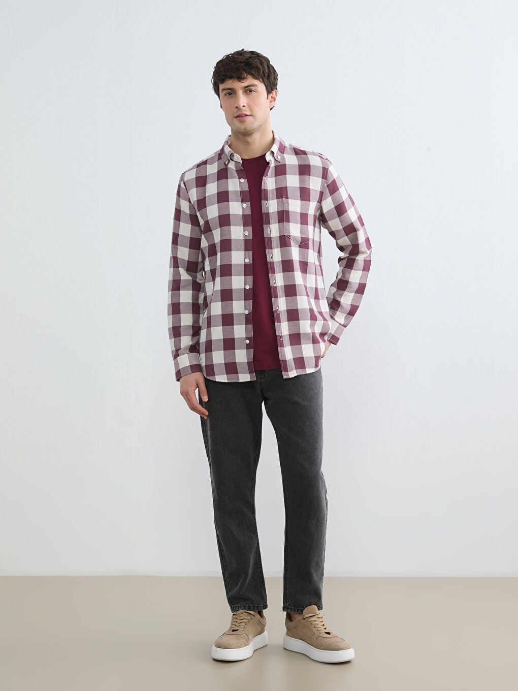 Bordo Regular Fit Ekose Erkek Gömlek-1