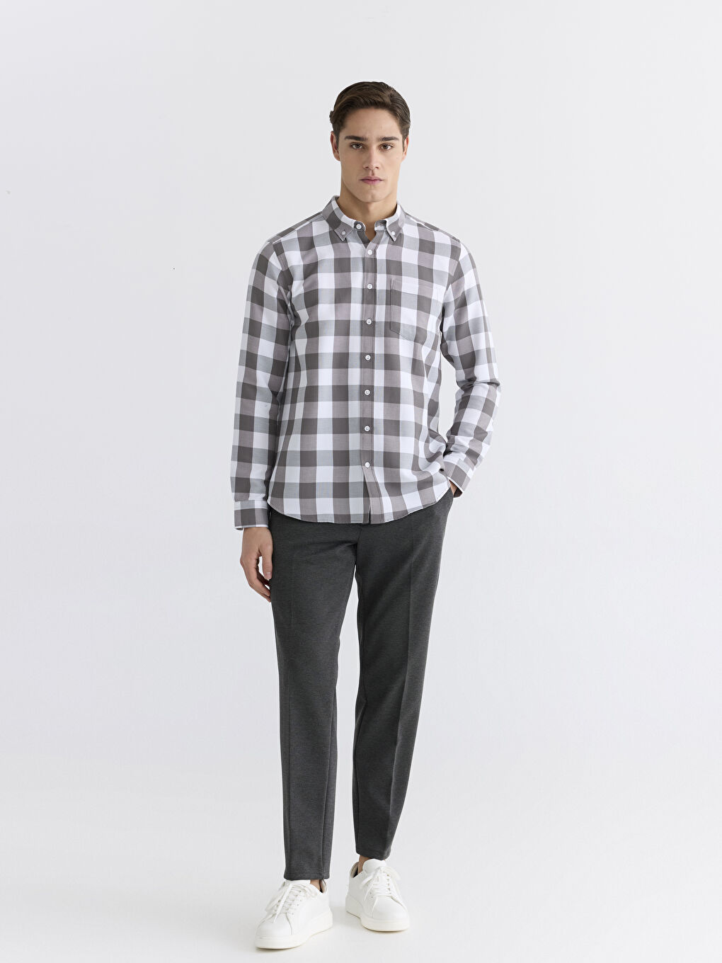Gri Regular Fit Ekose Erkek Gömlek-1