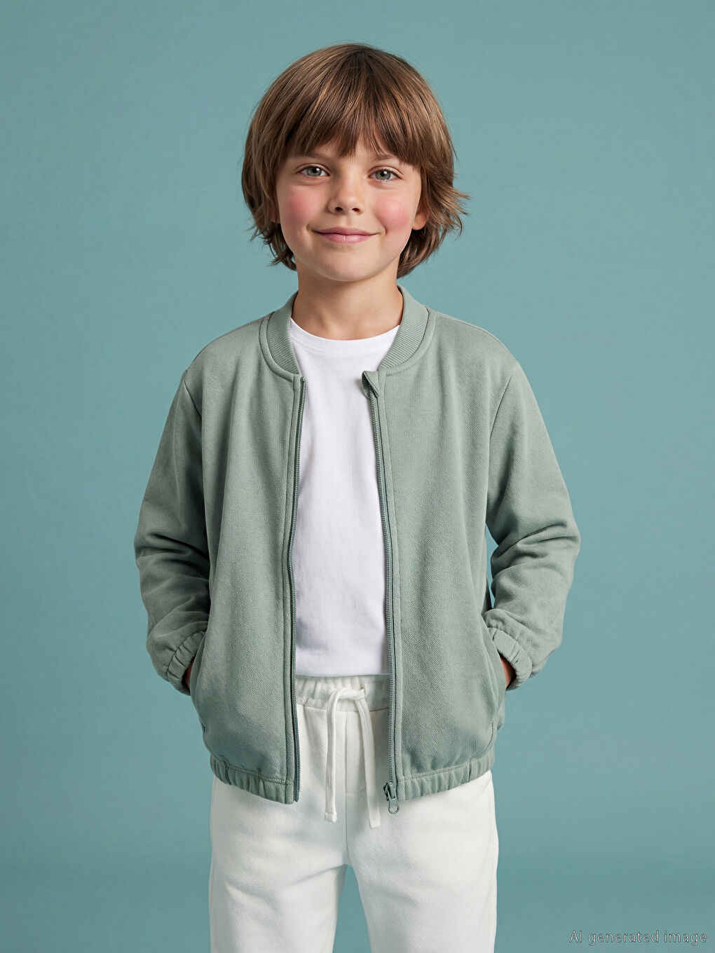 Yeşil Kolej Yaka Erkek Çocuk Fermuarlı Sweatshirt