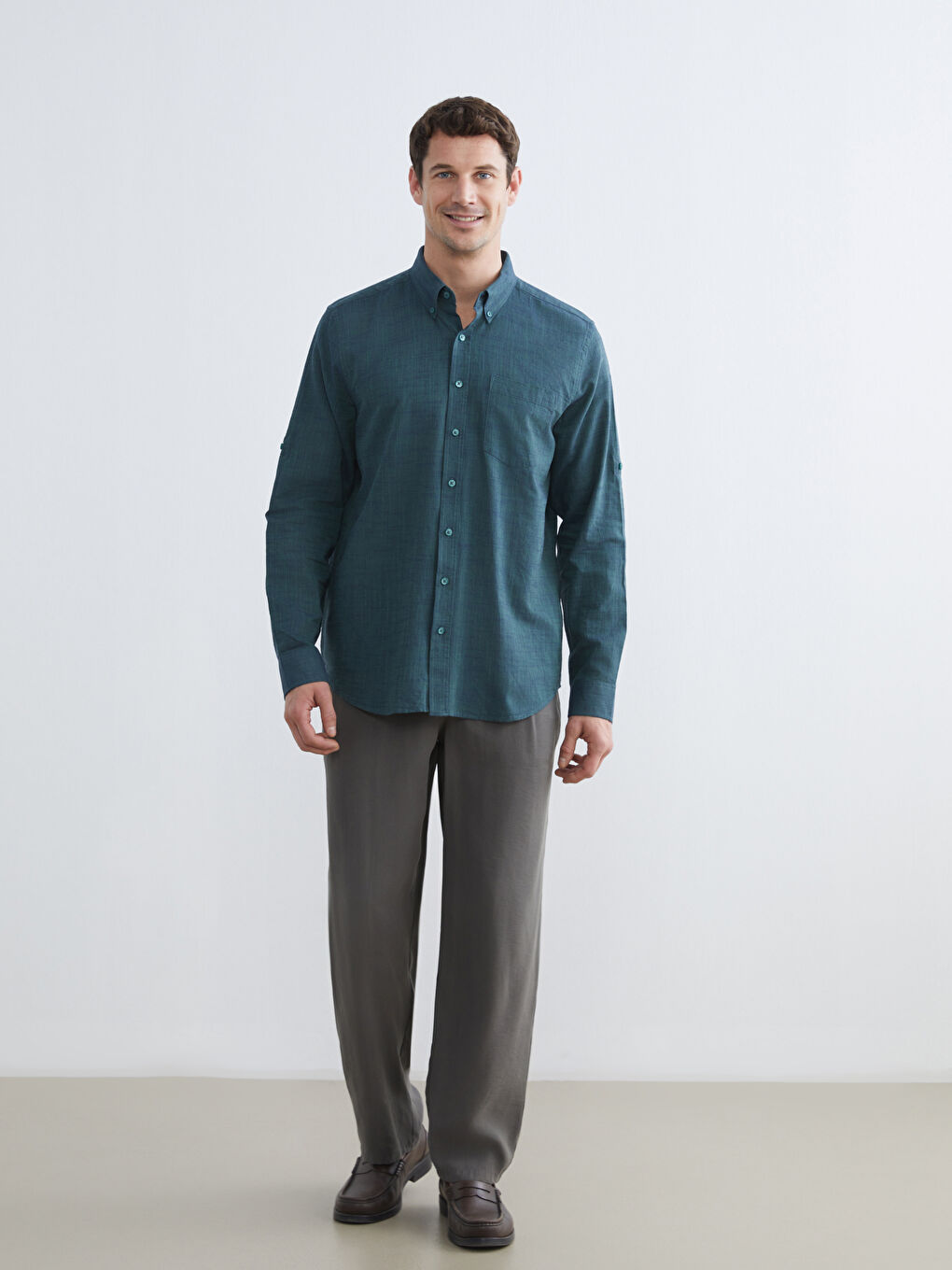 Yeşil Regular Fit Uzun Kollu Armürlü Erkek Gömlek-2