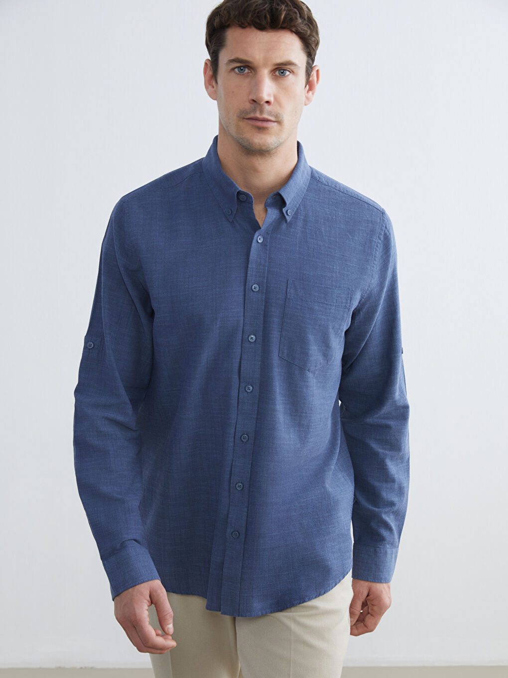 Lacivert Regular Fit Uzun Kollu Armürlü Erkek Gömlek-1