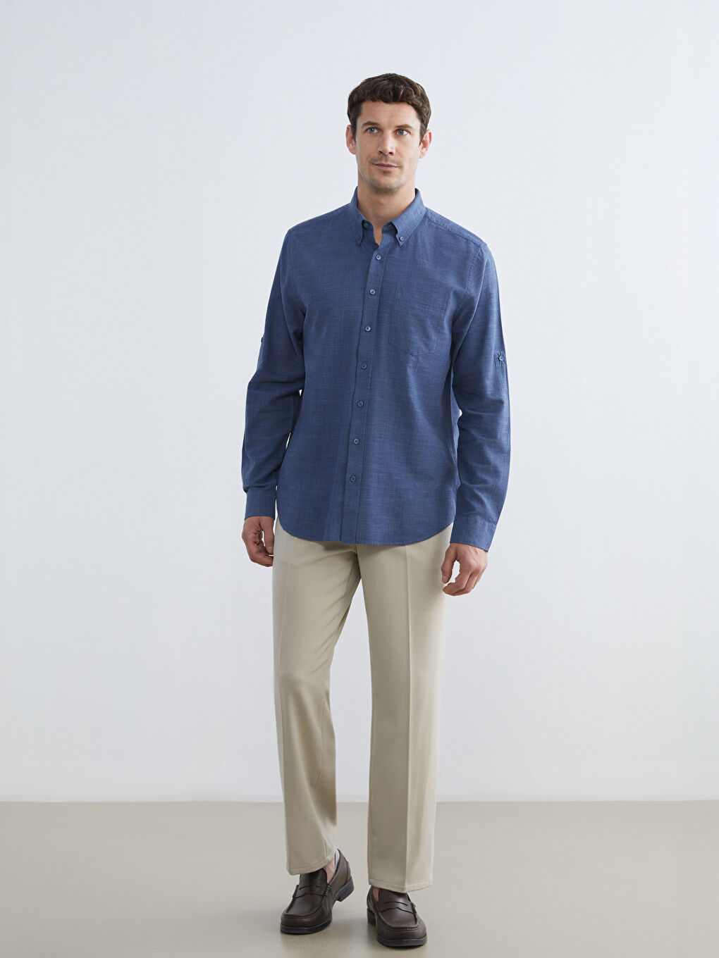 Lacivert Regular Fit Uzun Kollu Armürlü Erkek Gömlek-2