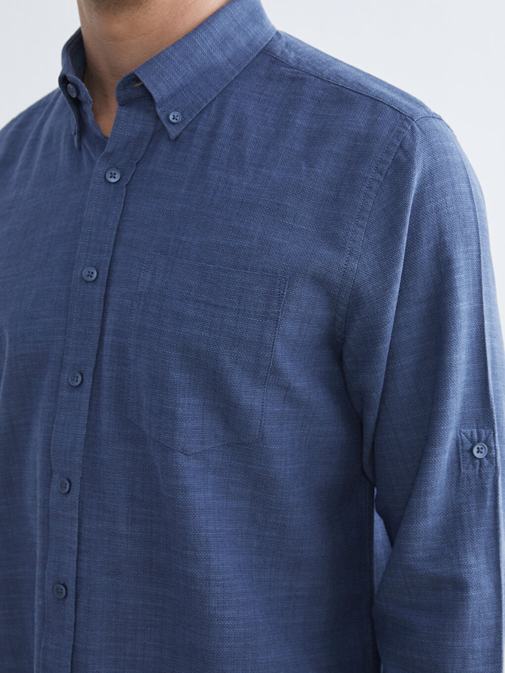 Lacivert Regular Fit Uzun Kollu Armürlü Erkek Gömlek-4