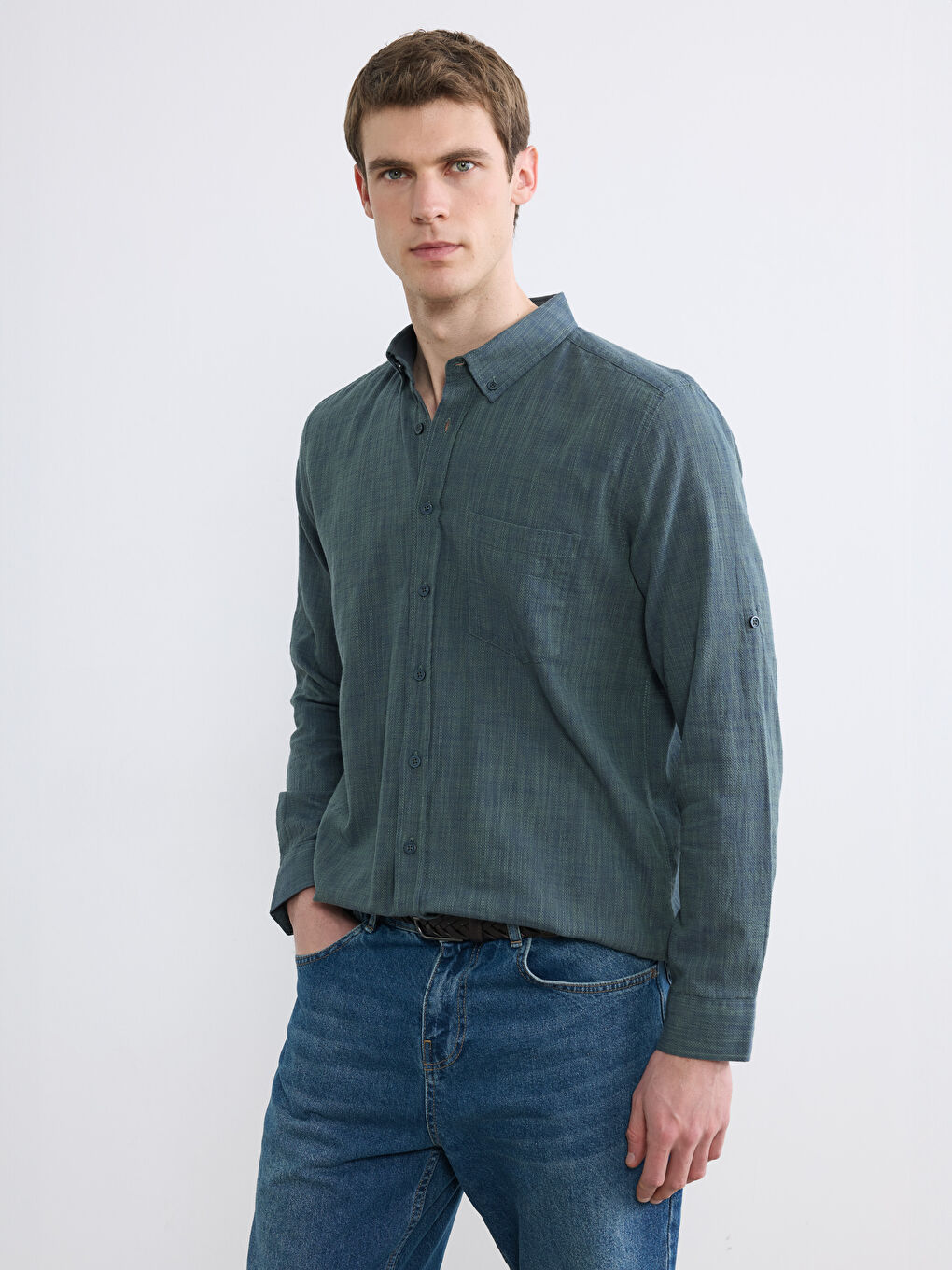 Regular Fit Long Sleeve Dobby Fabric Men's Shirt-1