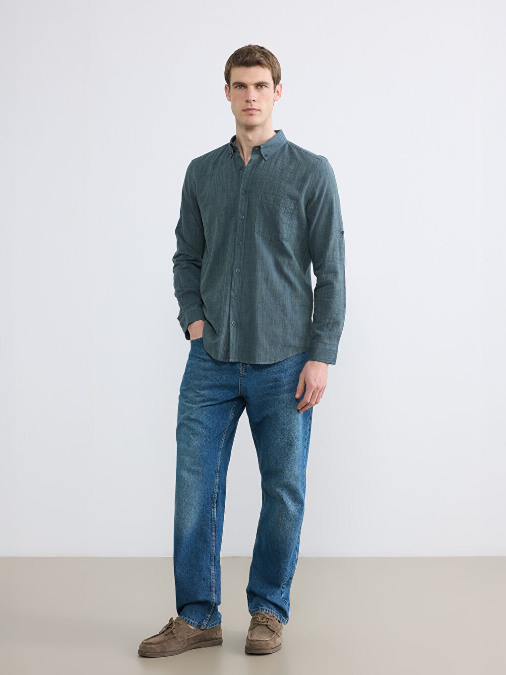 Regular Fit Long Sleeve Dobby Fabric Men's Shirt-2