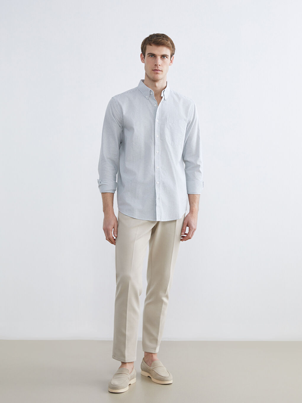 Yeşil Regular Fit Çizgili Erkek Gömlek-1