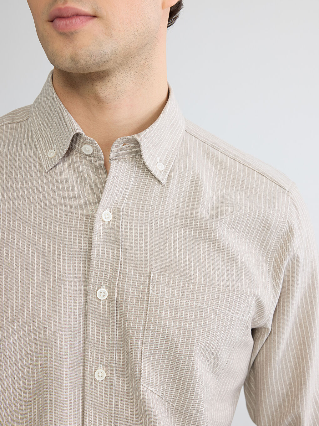 Kahverengi Regular Fit Çizgili Keten Görünümlü Erkek Gömlek-2
