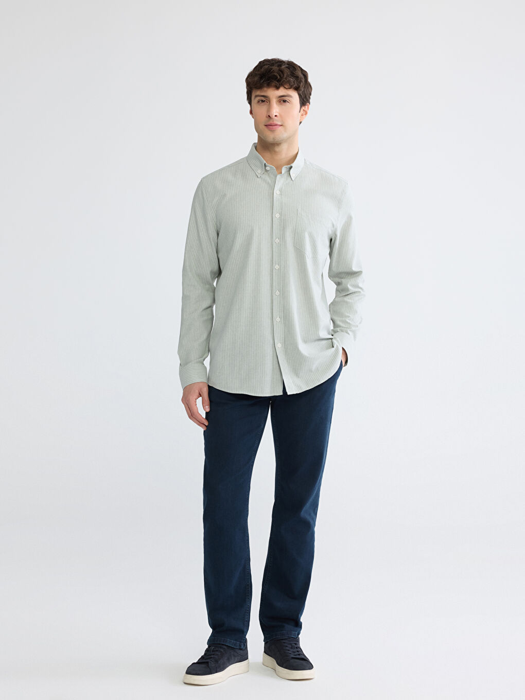 Yeşil Regular Fit Çizgili Keten Görünümlü Erkek Gömlek-1