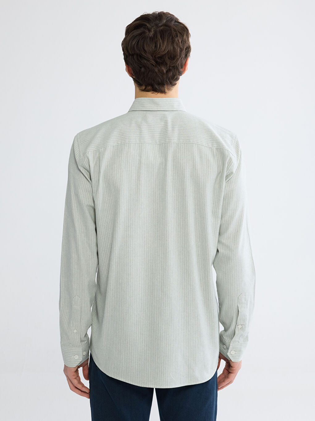 Yeşil Regular Fit Çizgili Keten Görünümlü Erkek Gömlek-3