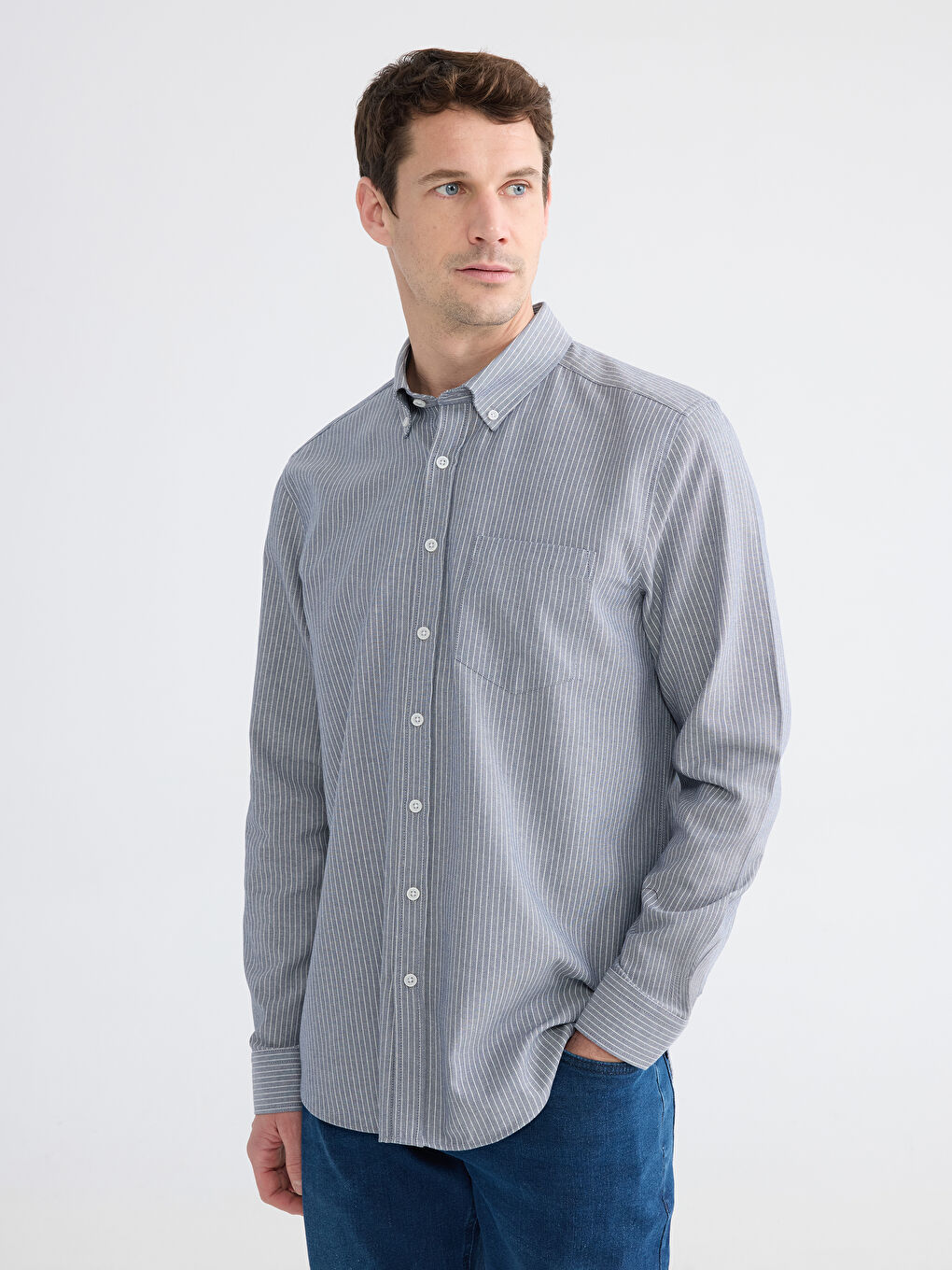 Lacivert Regular Fit Çizgili Keten Görünümlü Erkek Gömlek