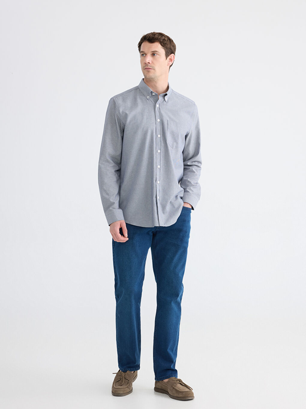 Lacivert Regular Fit Çizgili Keten Görünümlü Erkek Gömlek-1
