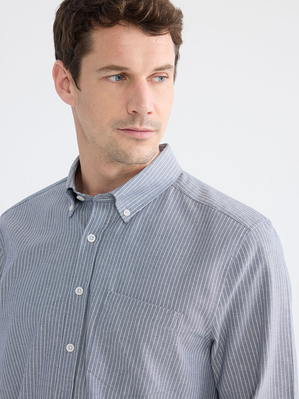 Lacivert Regular Fit Çizgili Keten Görünümlü Erkek Gömlek-2