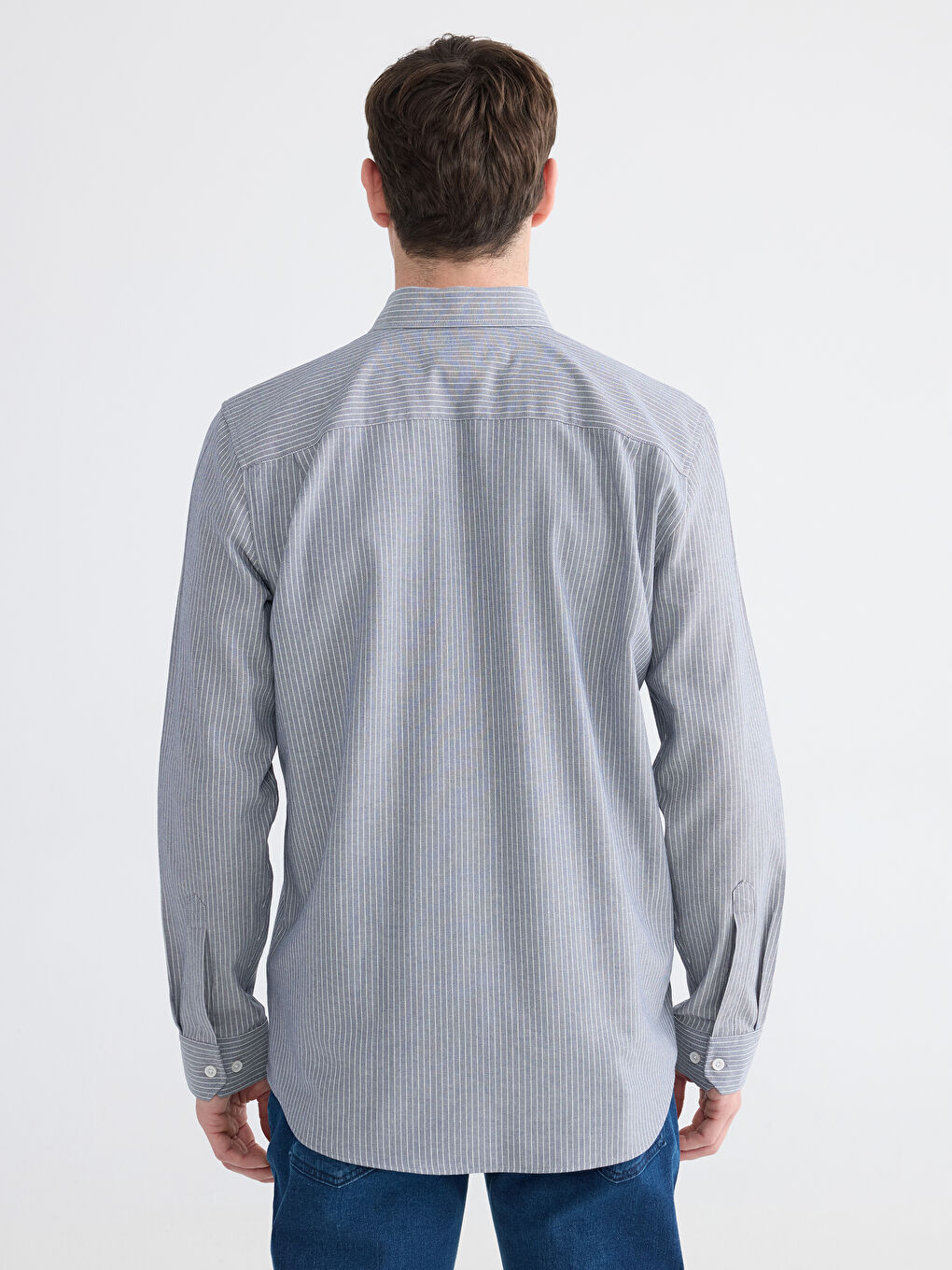 Lacivert Regular Fit Çizgili Keten Görünümlü Erkek Gömlek-3