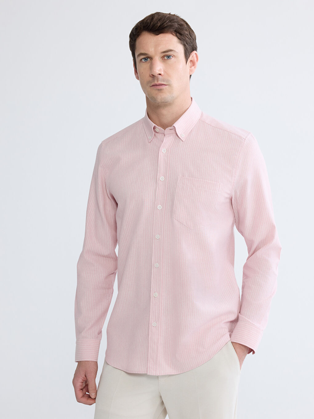 Pembe Regular Fit Çizgili Keten Görünümlü Erkek Gömlek