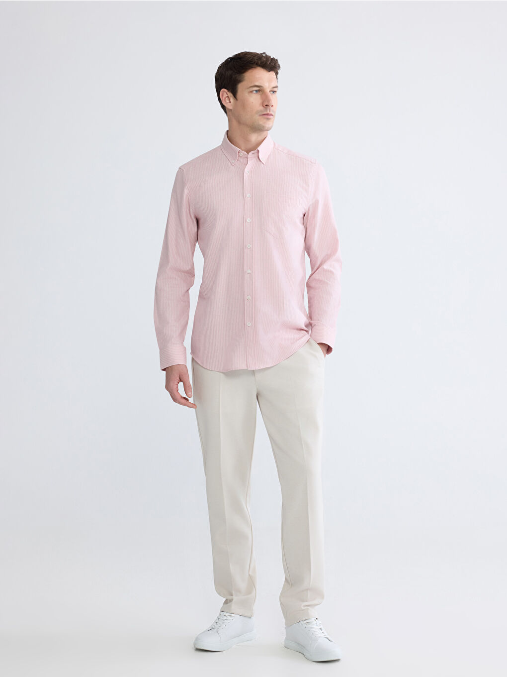 Pembe Regular Fit Çizgili Keten Görünümlü Erkek Gömlek-1