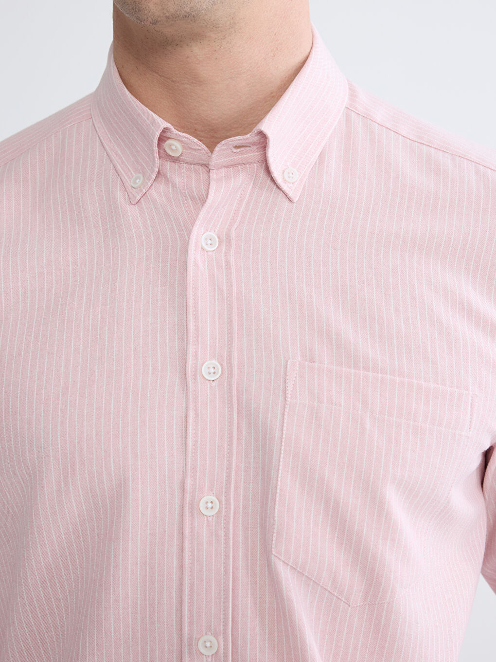 Pembe Regular Fit Çizgili Keten Görünümlü Erkek Gömlek-2