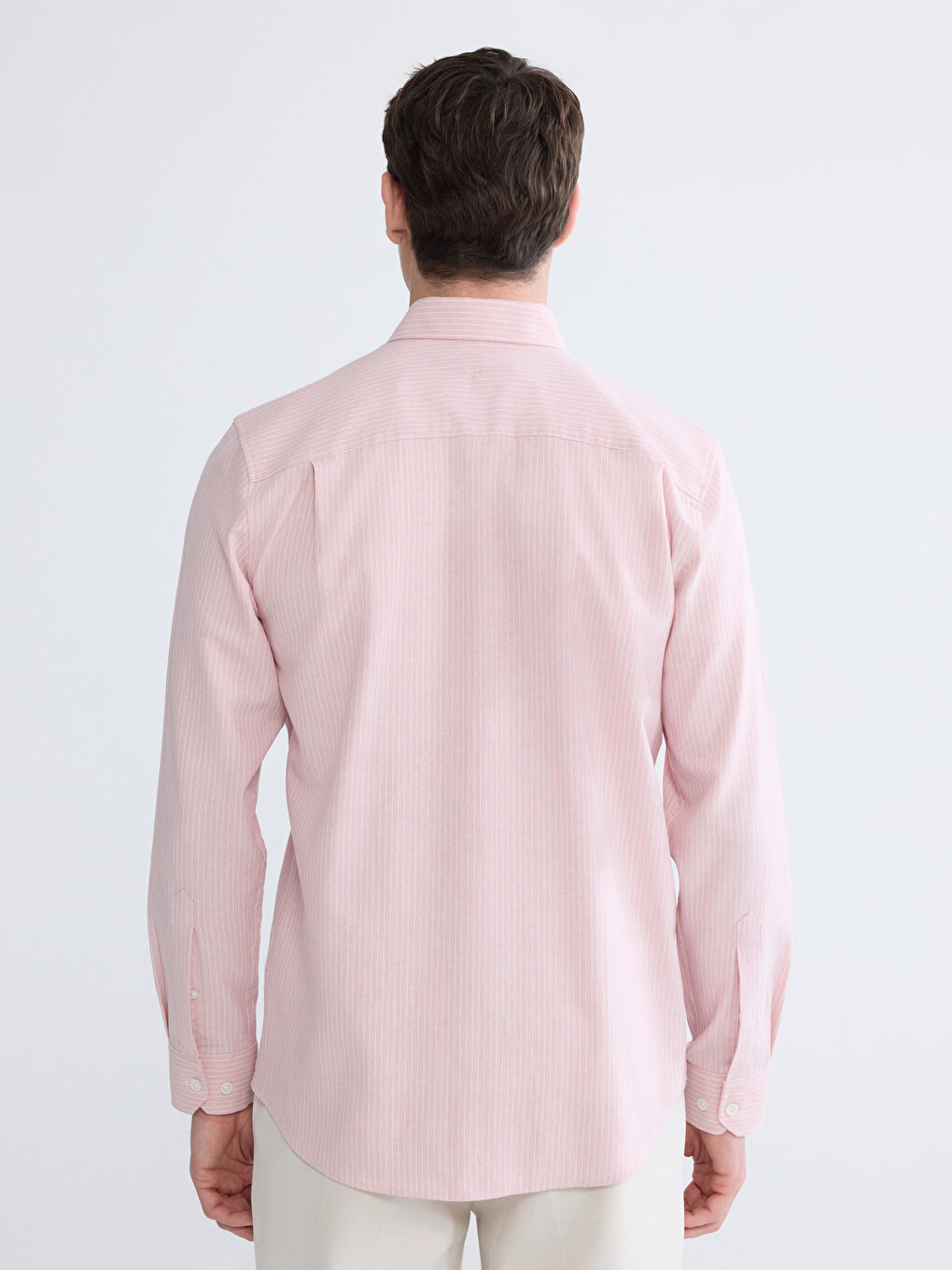 Pembe Regular Fit Çizgili Keten Görünümlü Erkek Gömlek-3
