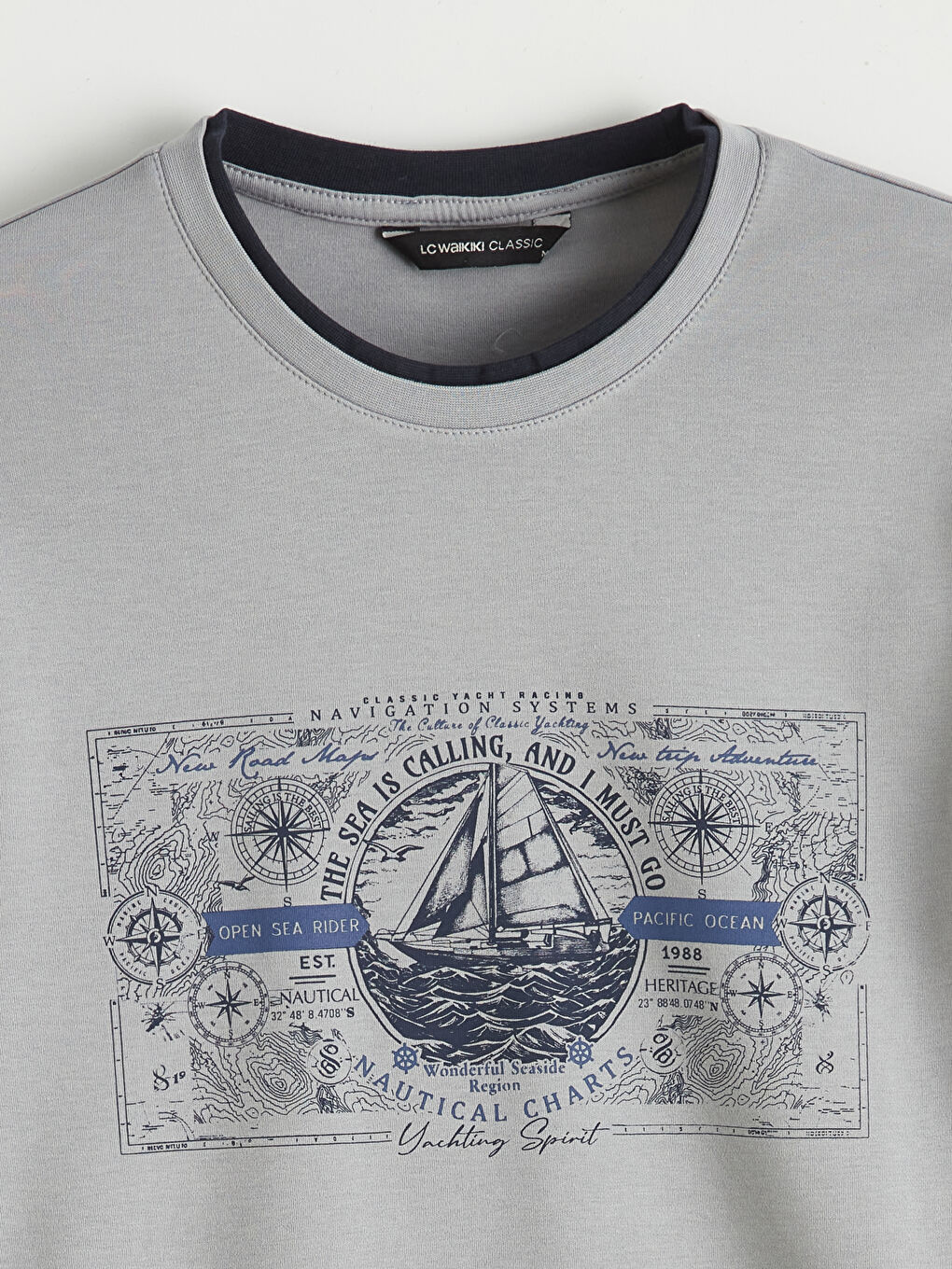 Gri Bisiklet Yaka Baskılı Erkek Sweatshirt-1