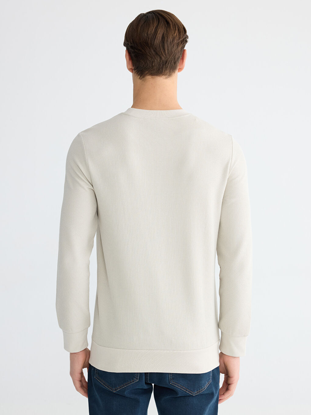 Bej Bisiklet Yaka Erkek Sweatshirt-3