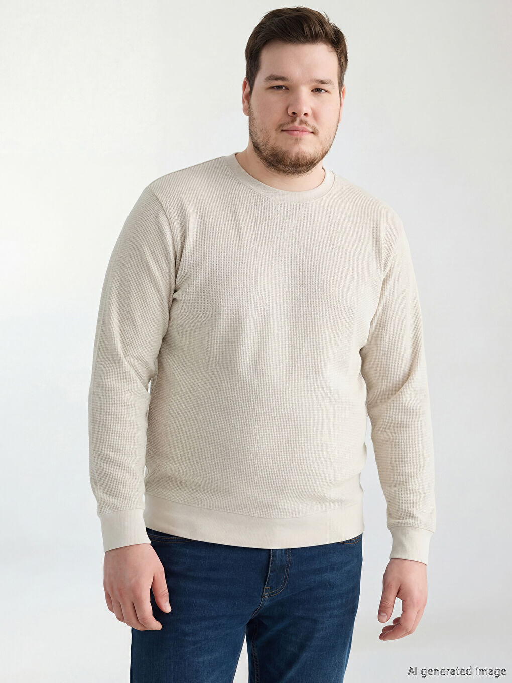 Bej Bisiklet Yaka Erkek Sweatshirt-1