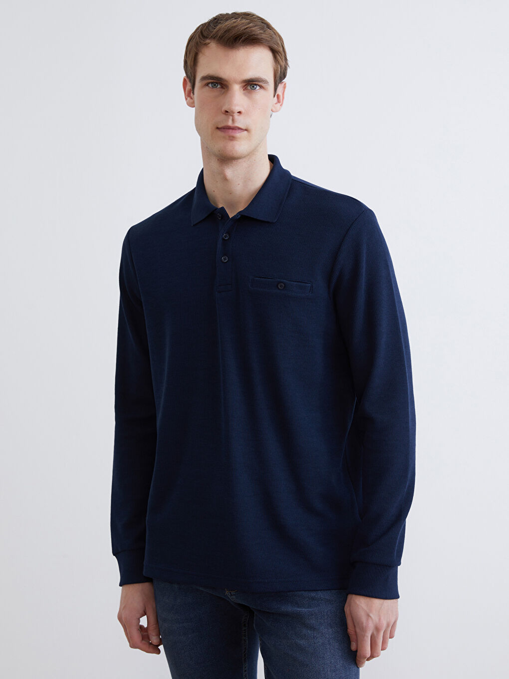 Lacivert Polo Yaka Uzun Kollu Erkek Sweatshirt