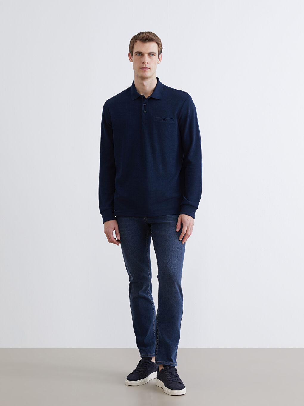 Lacivert Polo Yaka Uzun Kollu Erkek Sweatshirt-1