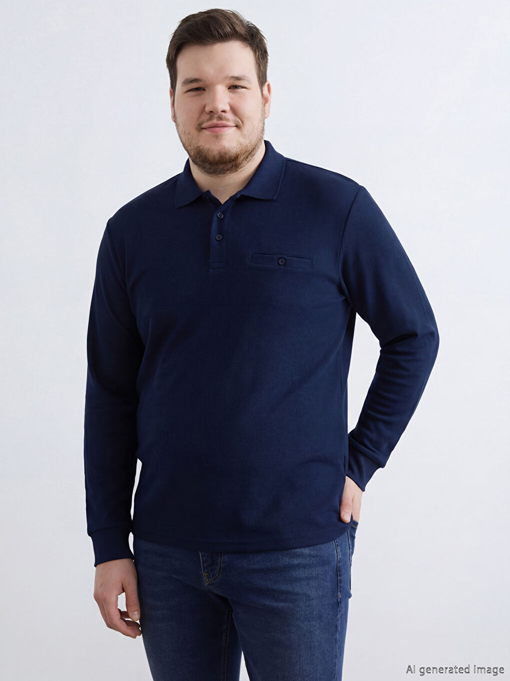 Lacivert Polo Yaka Uzun Kollu Erkek Sweatshirt-1