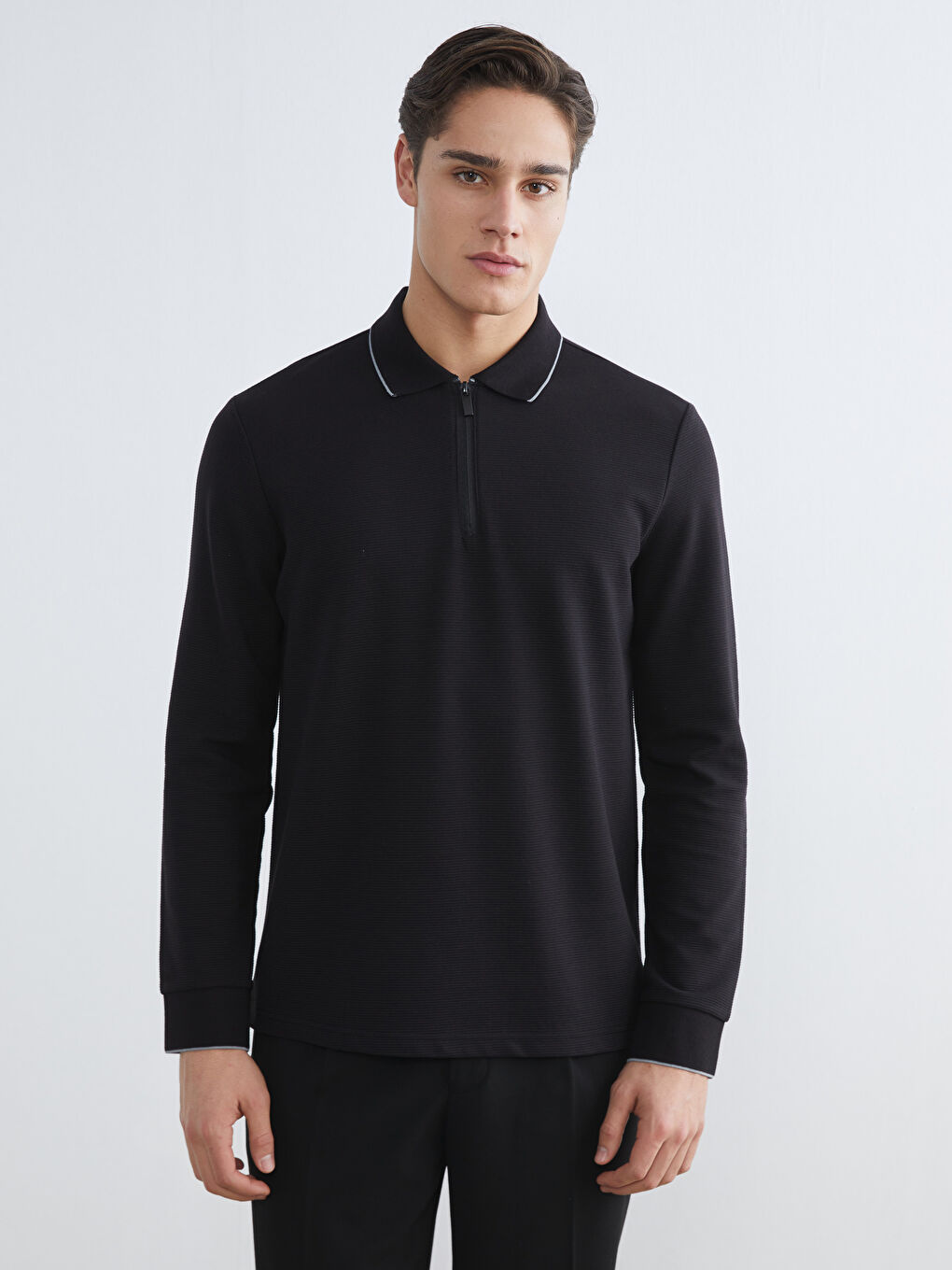Siyah Polo Yaka Uzun Kollu Erkek Tişört