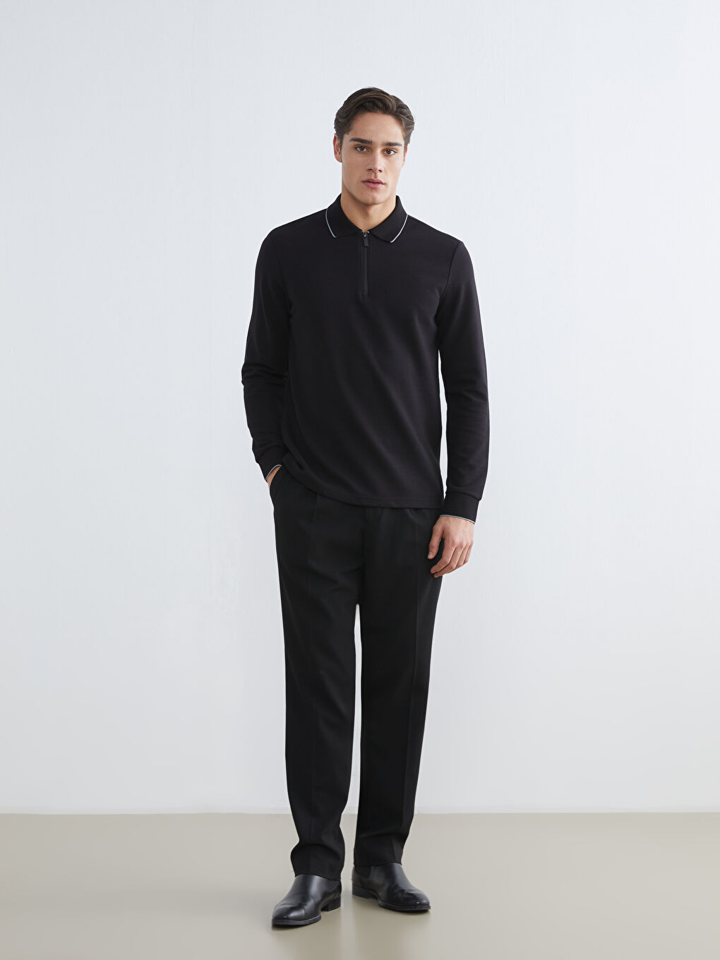 Siyah Polo Yaka Uzun Kollu Erkek Tişört-1