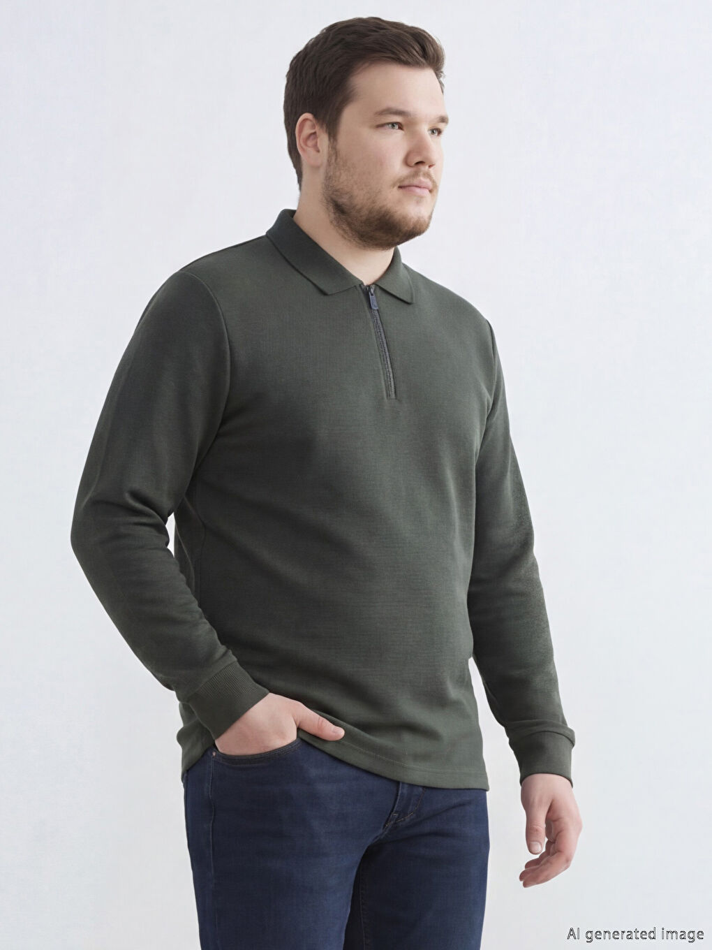 Haki Polo Yaka Uzun Kollu Erkek Tişört-1