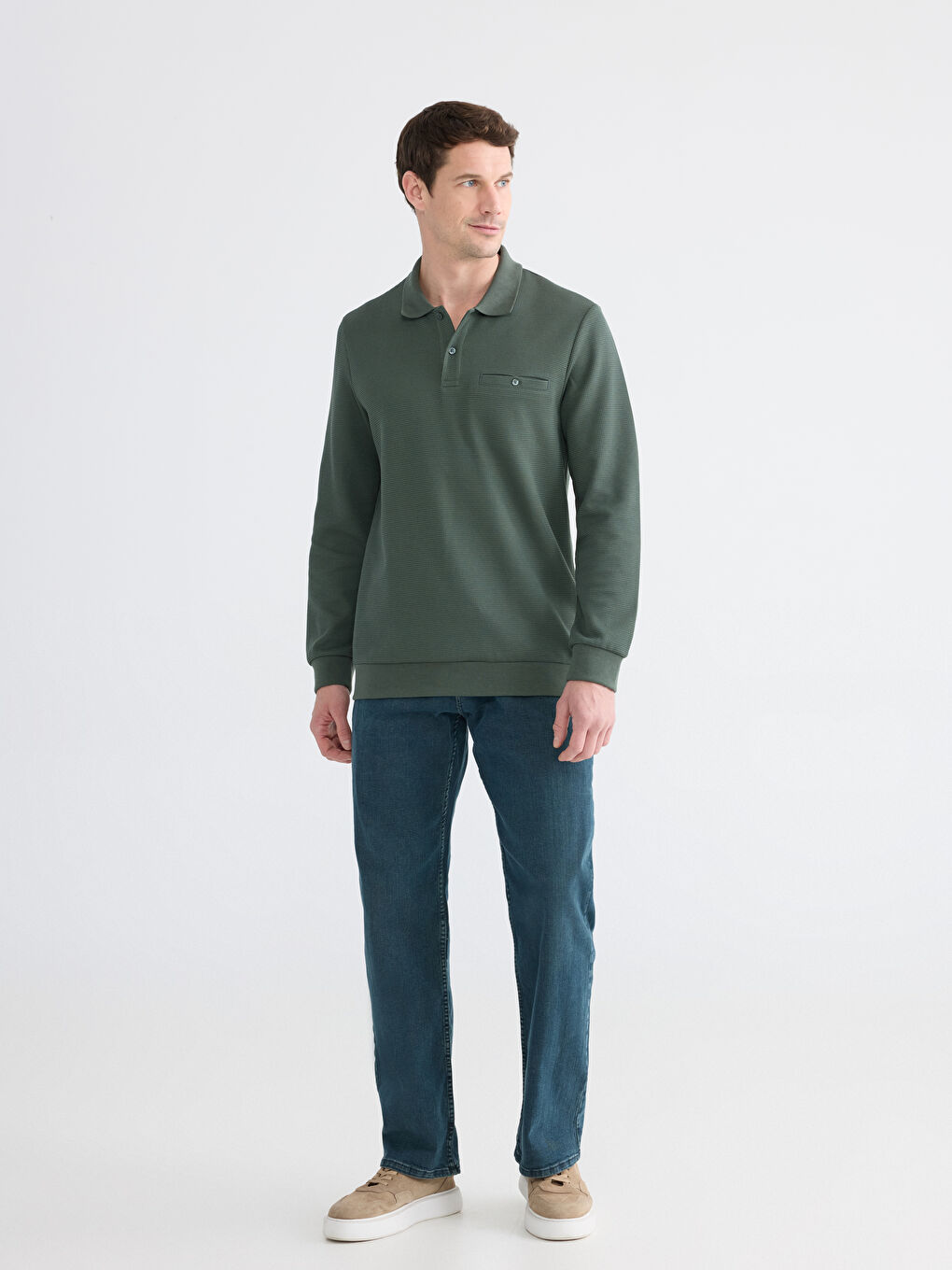 Yeşil Polo Yaka Erkek Sweatshirt-1