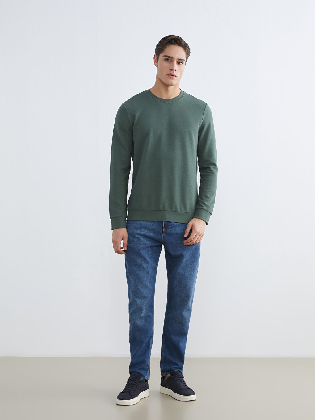 Yeşil Bisiklet Yaka Erkek Sweatshirt-1