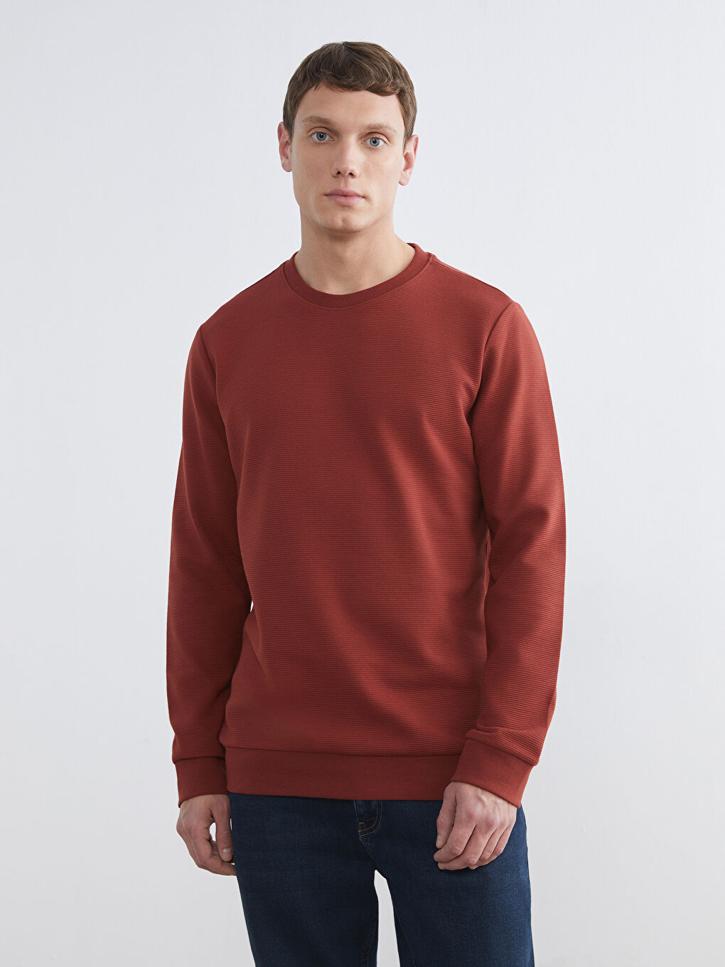 Kahverengi Bisiklet Yaka Erkek Sweatshirt