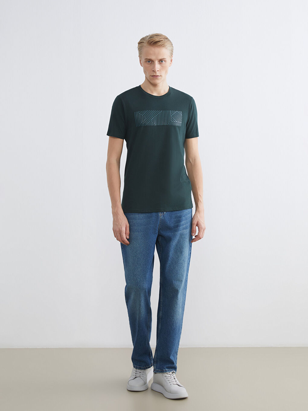 Yeşil Bisiklet Yaka Baskılı Penye Erkek Tişört-1