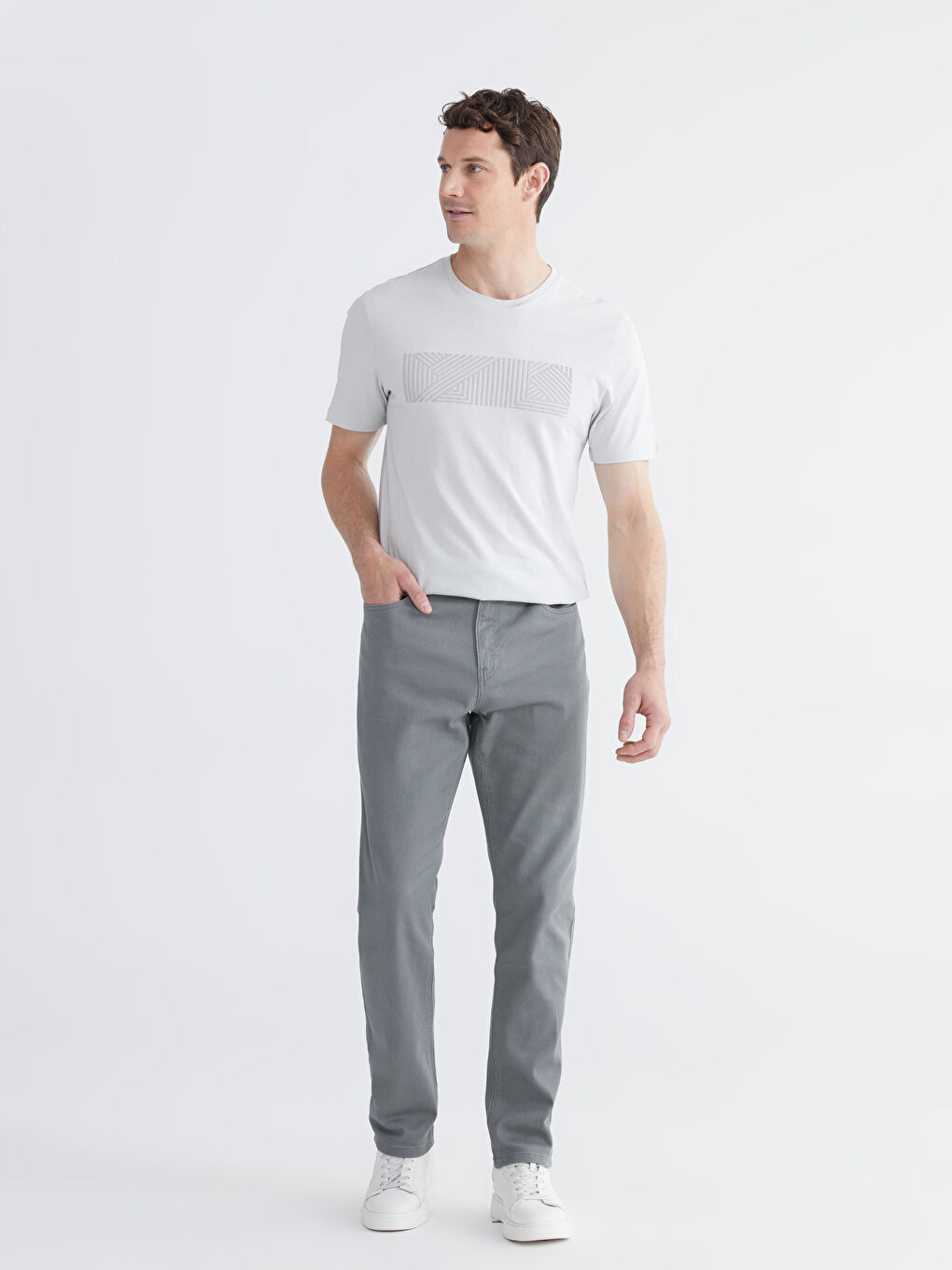 Gri Bisiklet Yaka Baskılı Penye Erkek Tişört-1